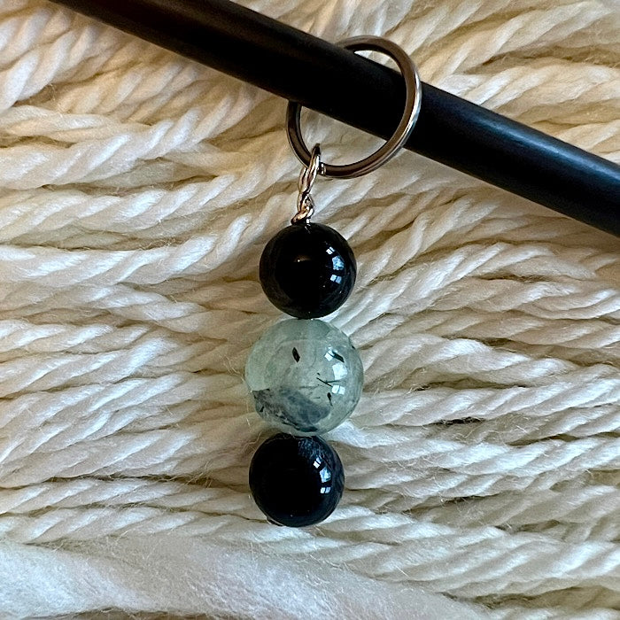 Silver Sheen Obsidian and Prehnite Stitch Marker with 9mm Round Ring